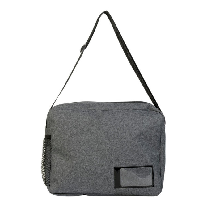 A grey satchel bag with a single adjustable strap and a mesh side pocket, featuring a blank area for branding.