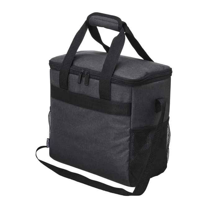 A grey cooler bag with a zippered top, handles, and a side mesh pocket. Features a logo.