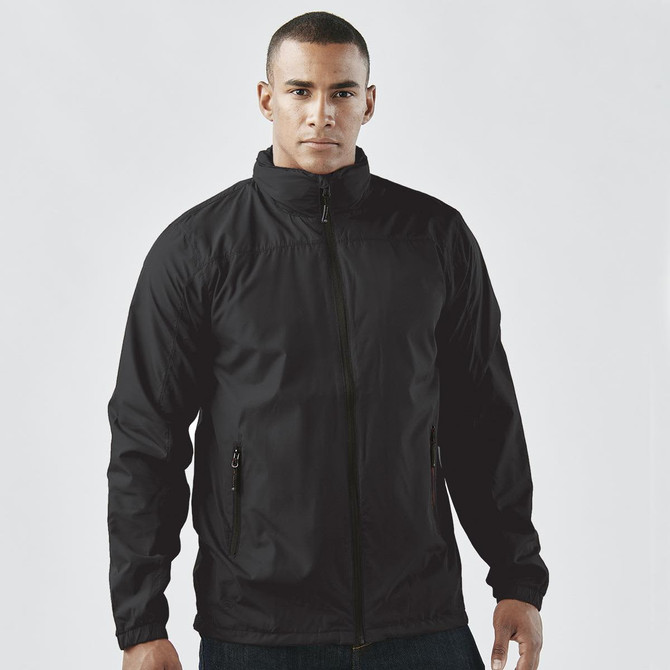 A black men's rain jacket with a zip front and side pockets, featuring a logo on the chest.