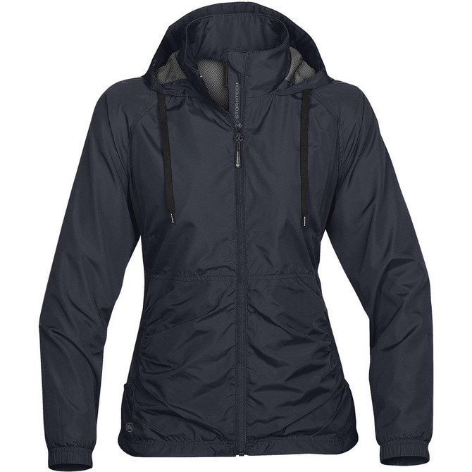 A dark navy women's rain jacket featuring a hood, zip closure, and elastic cuffs, with a branded logo.