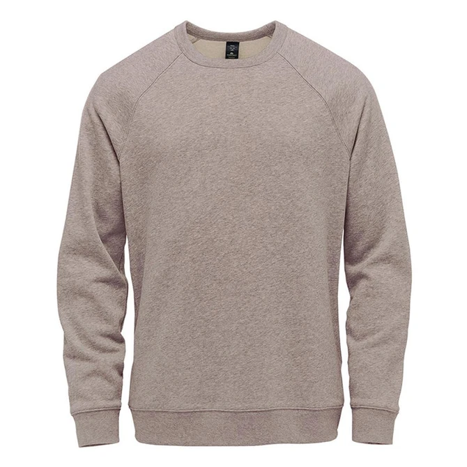 A light brown men's fleece crew neck sweater featuring raglan sleeves and a logo.