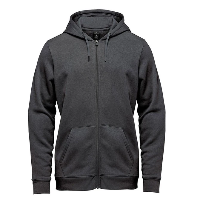 A men's full zip hoody in dark grey, featuring a front zipper and pockets. Includes a branding logo.