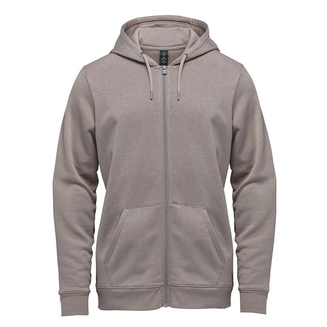 A full zip hoody in a muted beige colour featuring a hood and front pockets, with a logo on the chest.