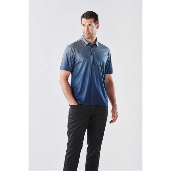 A men's polo shirt in a gradient of blue shades, featuring a collar and a logo.