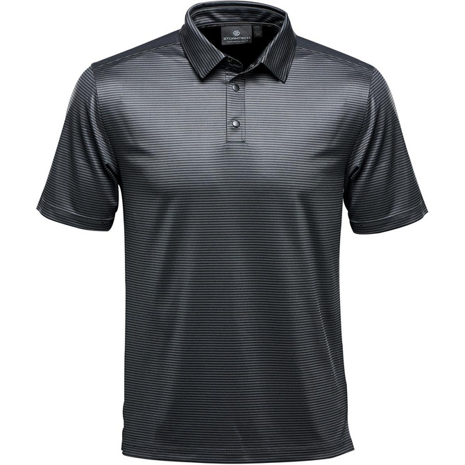 A black striped polo shirt featuring a collar and three buttons, with a logo on the collar.