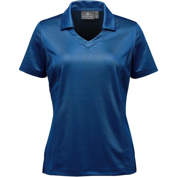 A women's polo shirt in varying shades of blue with a subtle striped pattern and a logo on the collar.