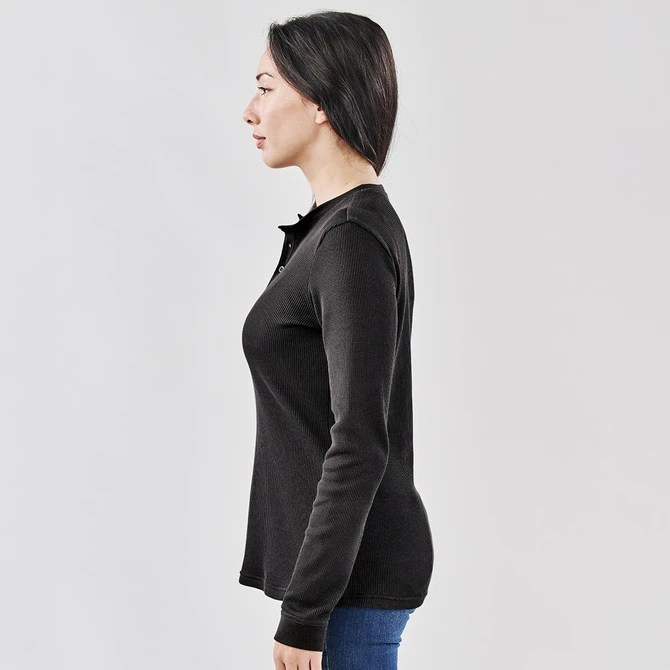 A black women's long-sleeve henley shirt, featuring a buttoned neckline and fitted silhouette.