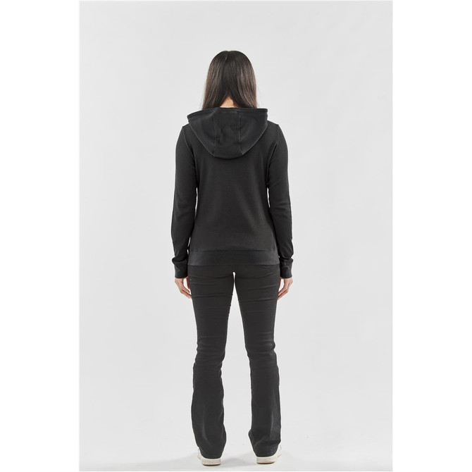 A black women's pullover hoody with a hood, featured on a model viewed from the back, paired with black pants.