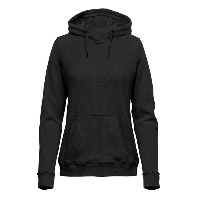 A women's black pullover hoody with a front pocket and adjustable drawstrings on the hood.