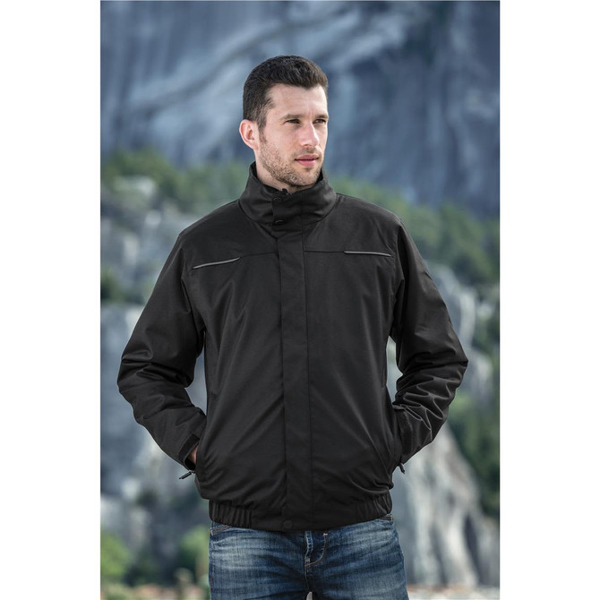 A black men's polar HD 3-in-1 jacket with a zipped front and an adjustable collar, featuring a branding logo.