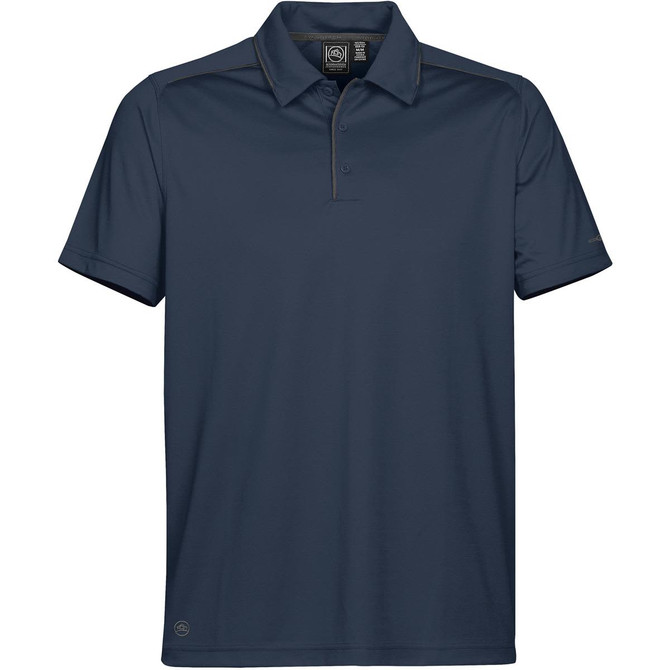 A navy blue men's polo shirt with a collar and short sleeves, featuring a logo on the front.