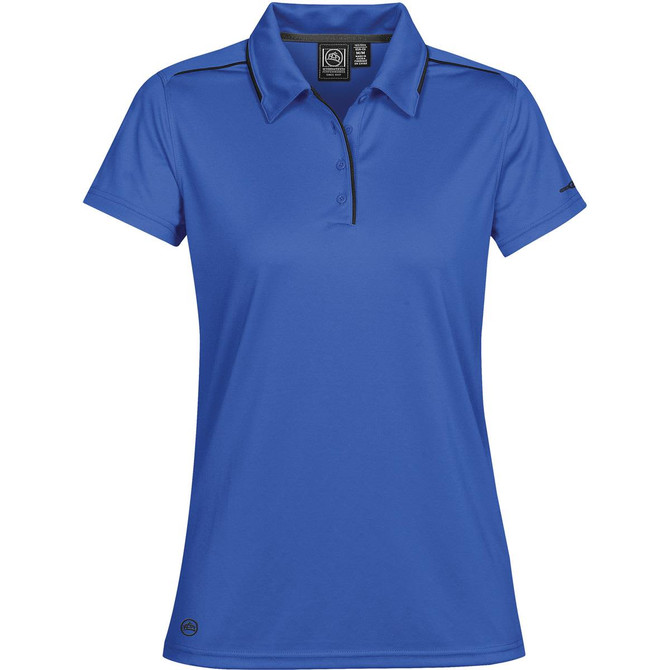 A blue women's sport polo shirt with a black trim and a logo on the side. Features a classic polo collar.