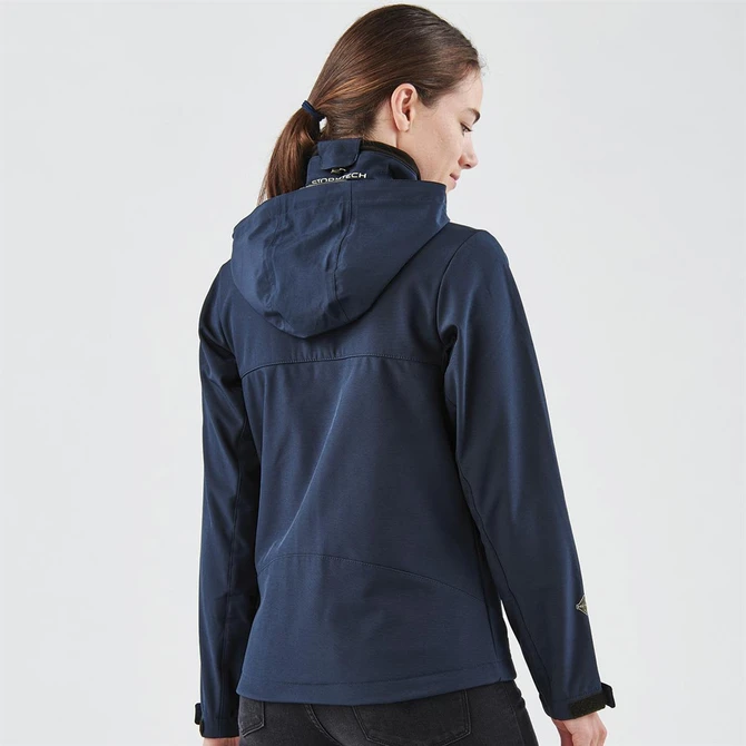 A navy softshell jacket featuring a hood and logo on the collar, shown from the back.
