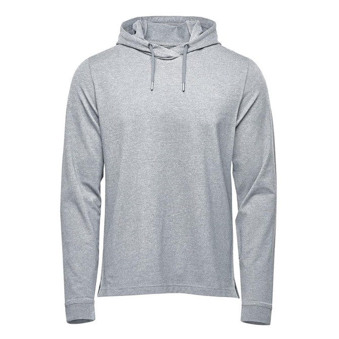 A light grey men's pullover hoody with a hood and long sleeves. The garment features a logo.