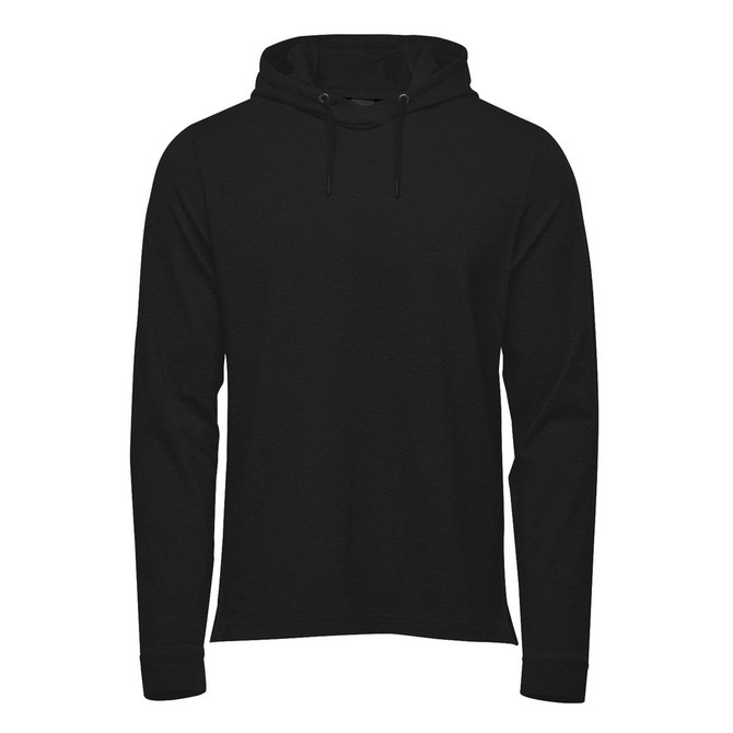 A black pullover hoody with a drawstring hood and long sleeves, featuring a logo on the front.