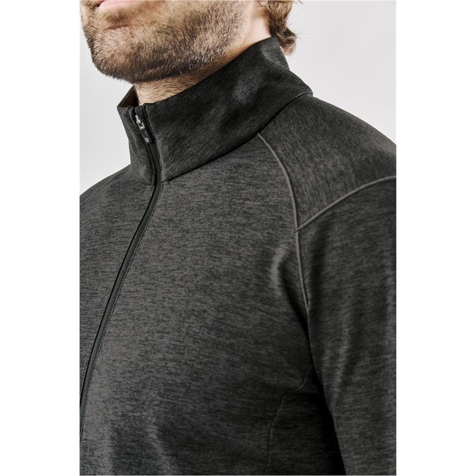 A men's jacket in dark grey fabric, featuring a high collar and zip closure, with branding visible.