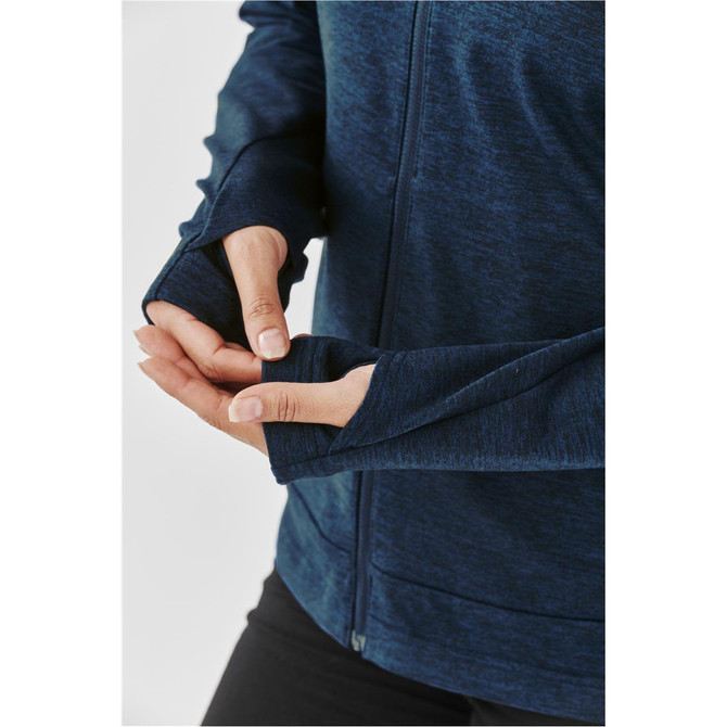 A dark navy women's performance jacket with long sleeves and thumbholes, featuring a zip front and a logo.