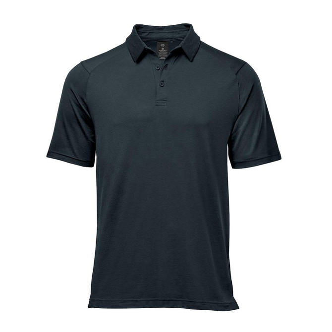 A dark green men's polo shirt with short sleeves and a collar. It features a logo on the chest.