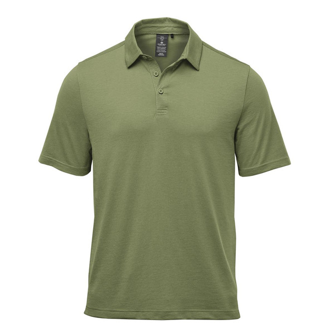 A green men's polo shirt with a collar, short sleeves, and a logo on the chest.