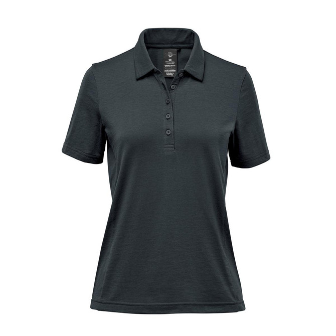 A dark green women's polo shirt with a classic collar and button front. It features a logo on the chest.