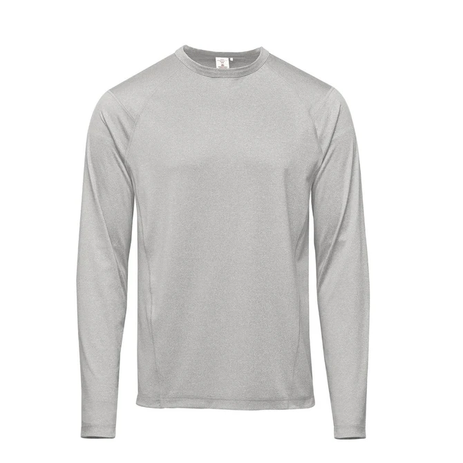 A long-sleeve grey T-shirt featuring a sleek design and a logo. Ideal for casual wear.