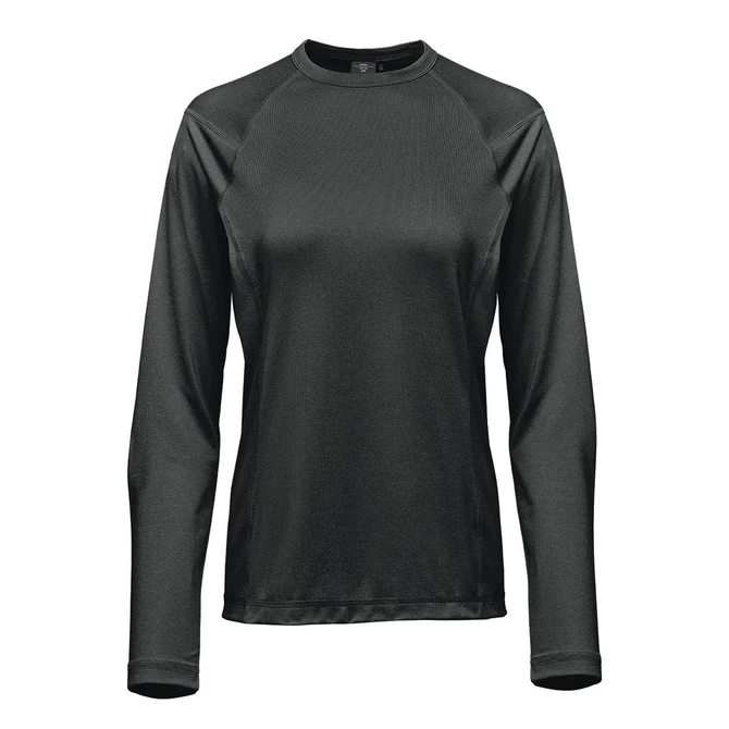 A dark green women's long-sleeve tee with a fitted design and a logo.