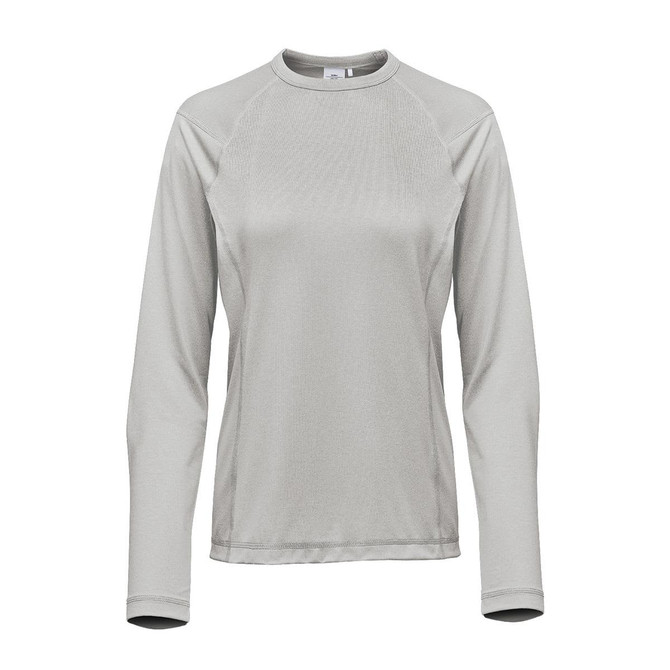 A long-sleeved women's tee in a light grey colour, featuring a rounded neckline and a logo.