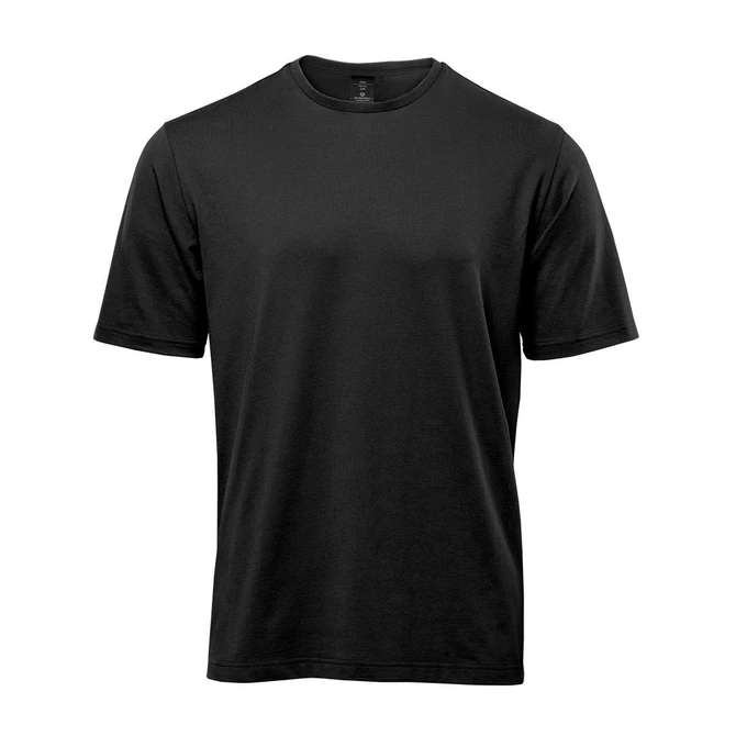 A black men's t-shirt with short sleeves and a simple design, featuring a logo on the front.
