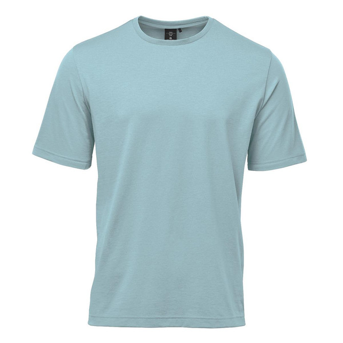 A light blue men's t-shirt with short sleeves and a round neckline. It features a logo on the label.