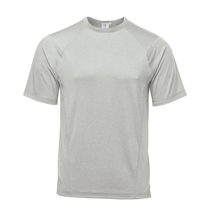 A grey, short-sleeved men's T-shirt with a subtle sheen and a logo on the upper area.