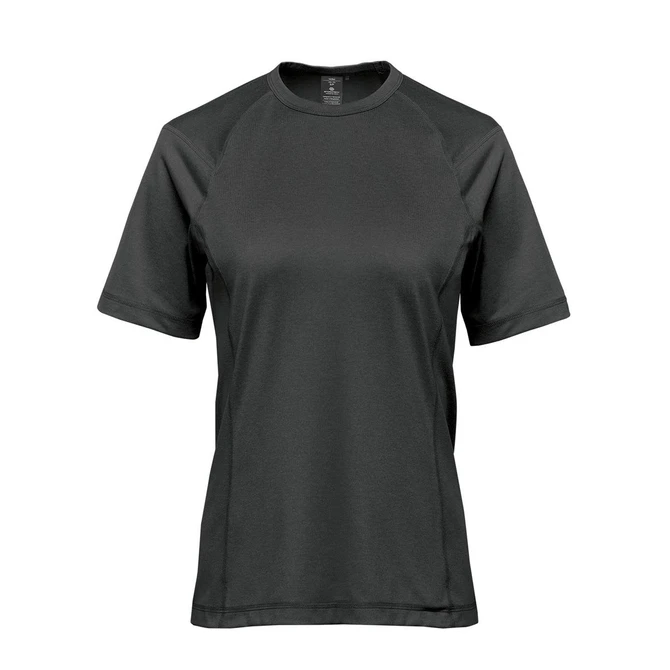 A women's short-sleeve t-shirt in dark green, featuring a logo on the front.