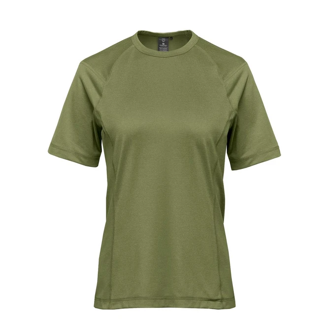 A green women's t-shirt with short sleeves and a round neckline. Features a logo on the fabric.