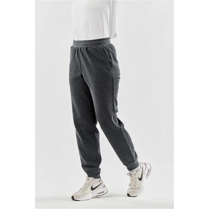 A pair of women's grey fleece jogger pants with an elastic waistband and side pockets. Contains branding.