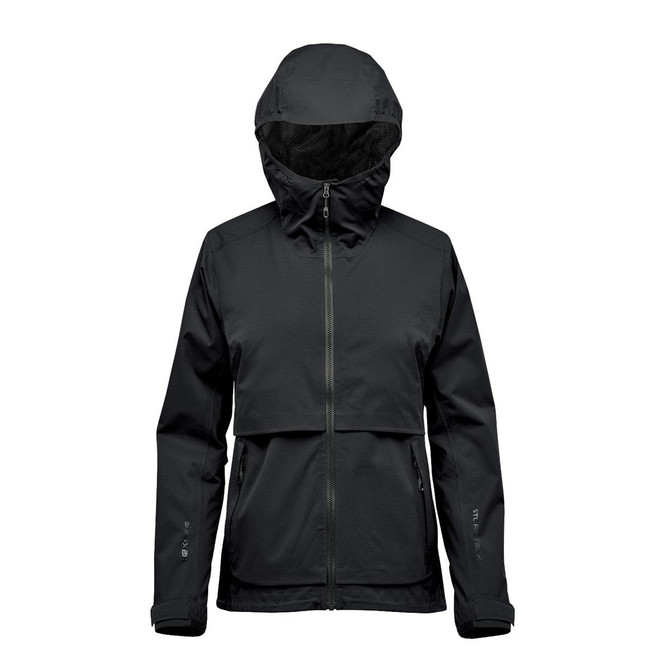 A women's black technical rain jacket with a hood, featuring zippered front and side pockets and a logo.