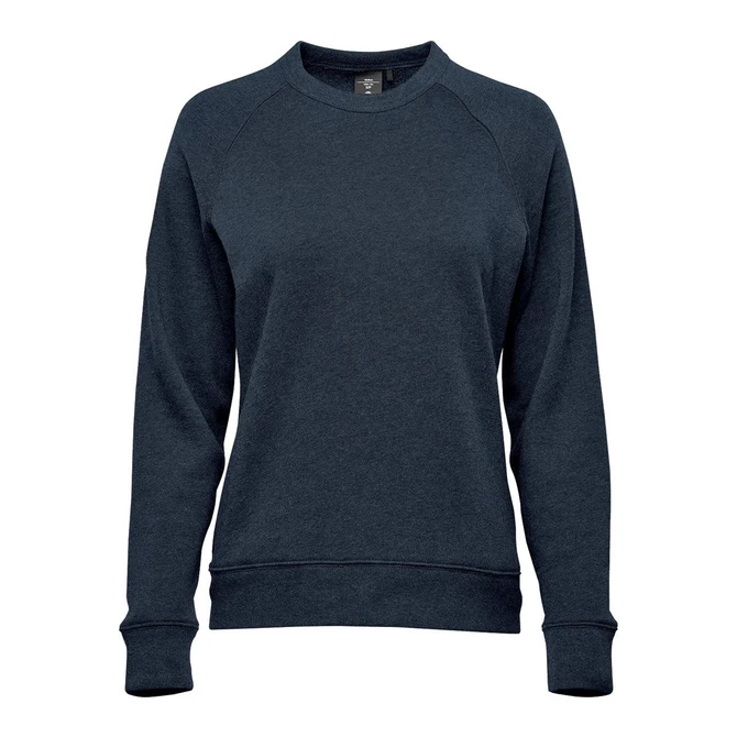 A dark navy women's fleece crew neck jumper with a simple design and ribbed cuffs and hem. It features a logo.