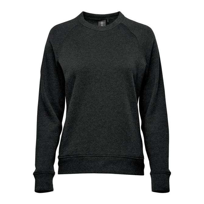 A women's crew neck jumper in dark grey fleece with ribbed cuffs and hem, featuring a small logo.