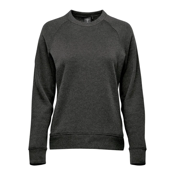 A women's crew neck jumper in dark grey fleece, featuring a simple design and a small logo.