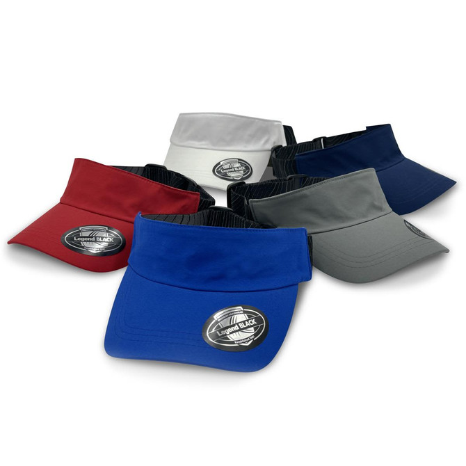 A collection of Altitude Sports Visors in red, white, grey, and blue, featuring an emblem on the front.