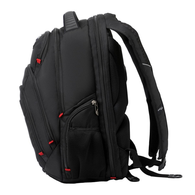 A black backpack with red accents, featuring multiple compartments and a logo. Suitable for various carrying needs.