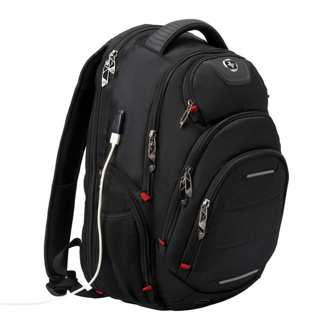 A black Swissdigital Neptune Backpack with multiple zippers and a charging port, featuring red accents.