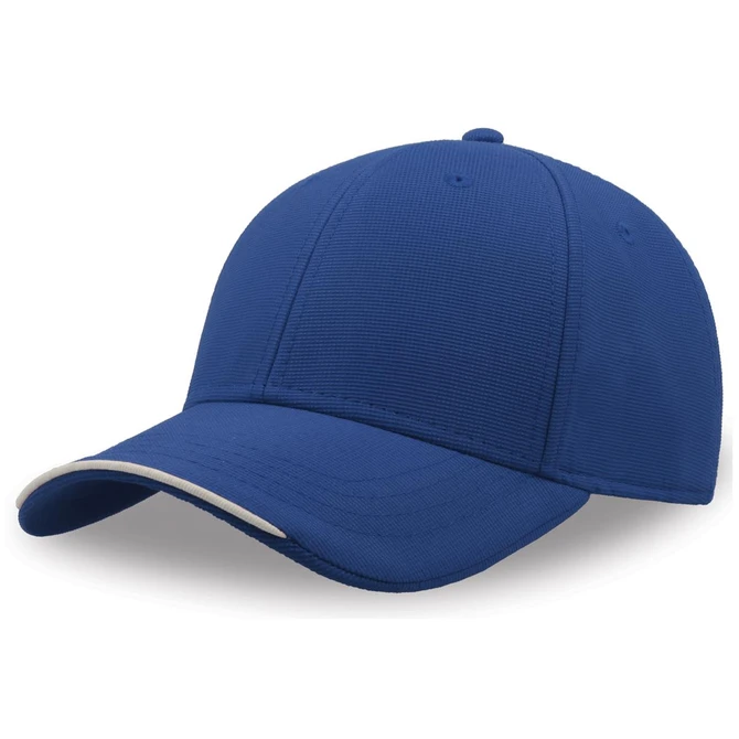 A blue cap made from recycled polyester with a curved brim and a logo on the front.