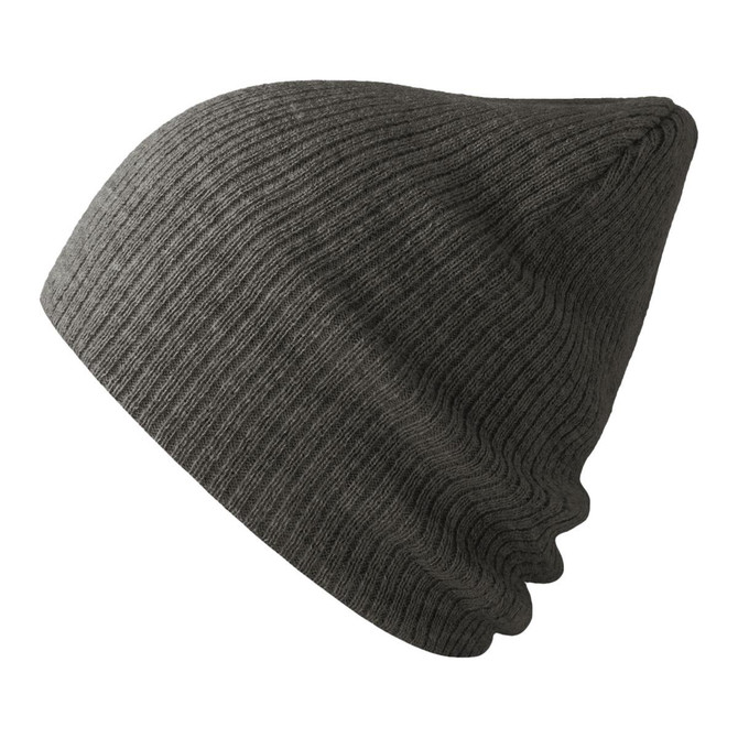 A green beanie made from recycled polyester with a ribbed texture and a slouchy fit. It features a branding logo.
