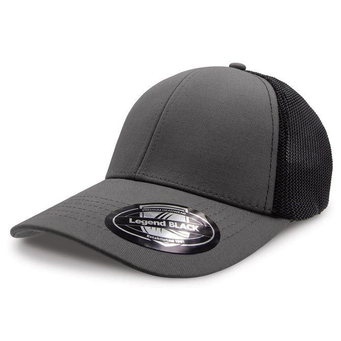 A grey cap with a structured front and mesh sides, featuring a logo on the brim.