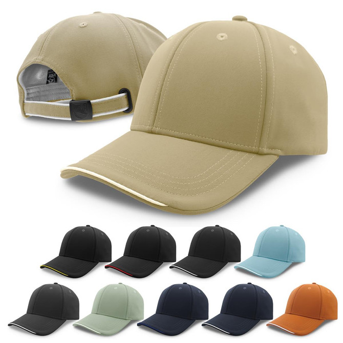 A collection of caps in various colours, including beige, black, light blue, and orange, featuring a logo.