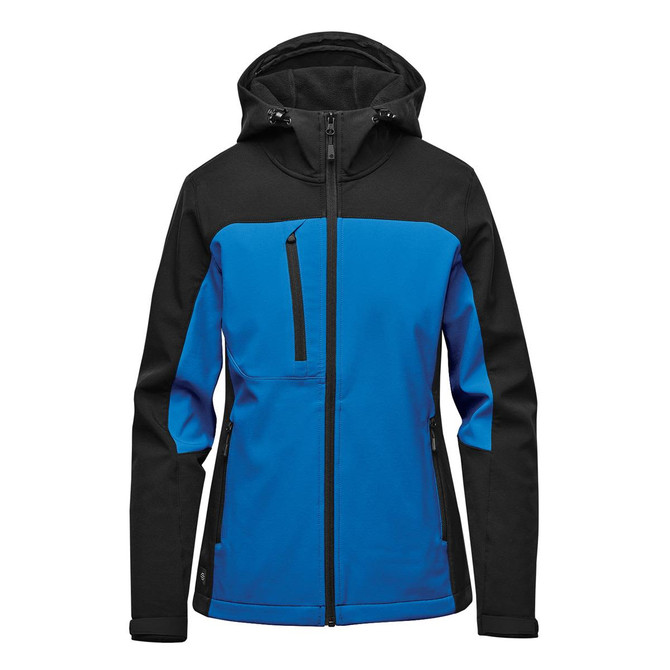 A hooded softshell jacket in blue and black, featuring a zippered front pocket and a logo.
