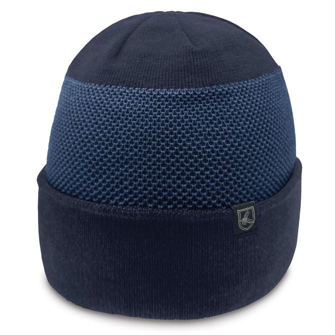 A navy beanie featuring a textured upper design and a smooth lower band with a logo.