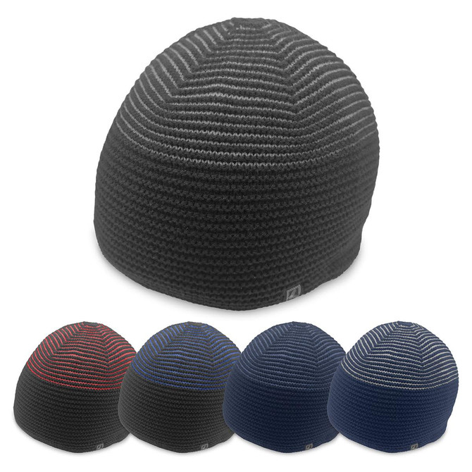 A collection of beanies in various colours including black, navy, and striped patterns, with a logo on each.