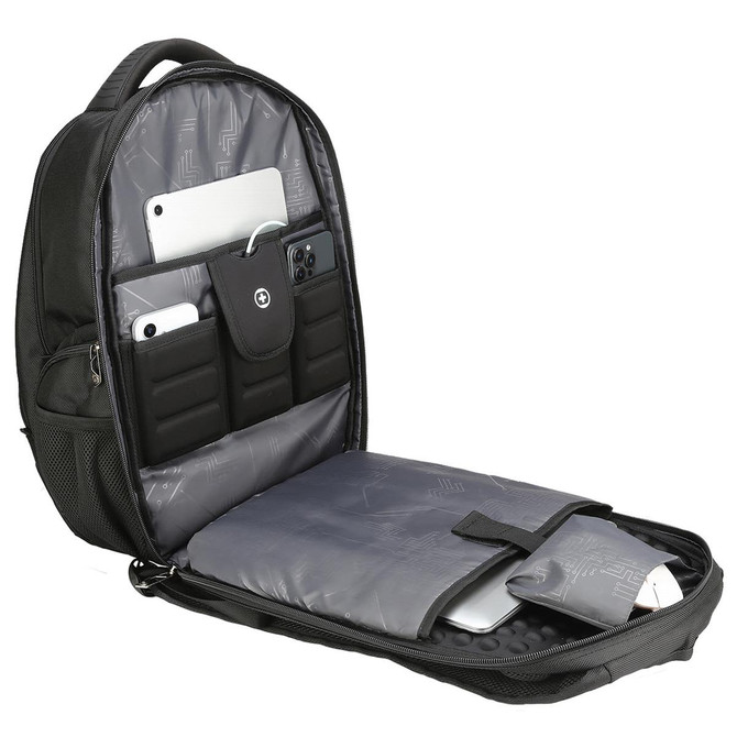A black backpack with multiple compartments, featuring padded sections for devices and organisational pockets.