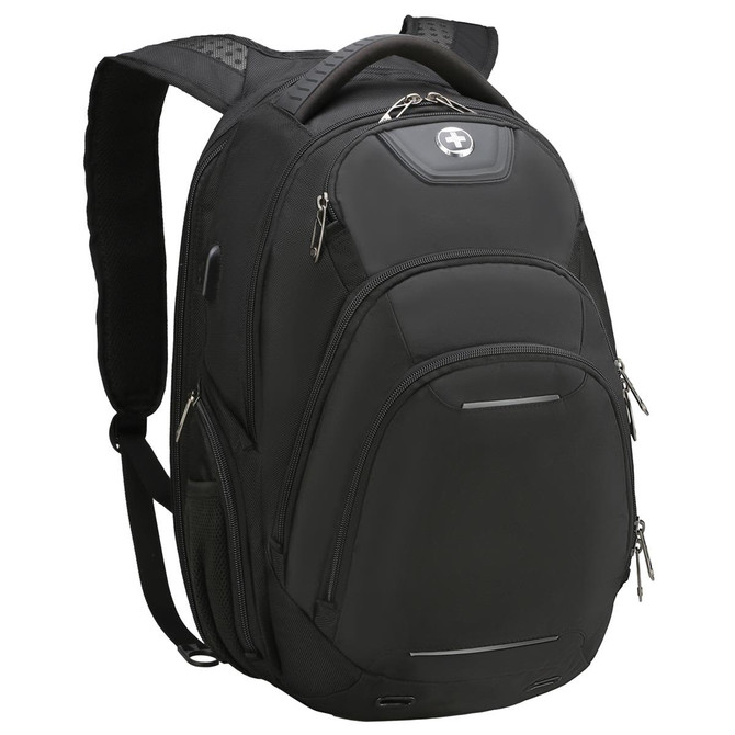 A black backpack with multiple compartments, padded straps, and a branding logo on the front.