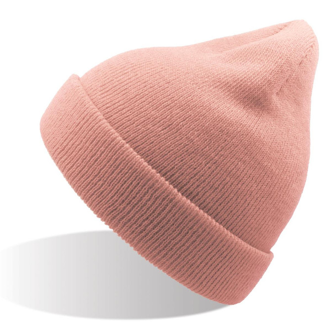 A pink beanie made from recycled polyester, featuring a classic knitted design and a fold-up brim.